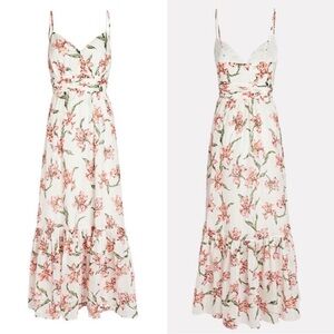 INTERMIX Cristiana Floral Maxi Dress 12 White Pink Silk Blend Vneck Tiered Skirt